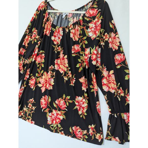 Susan Graver Black Red Floral Off The Shoulder Blouse Size XL Long Flare Sleeves - Picture 2 of 10